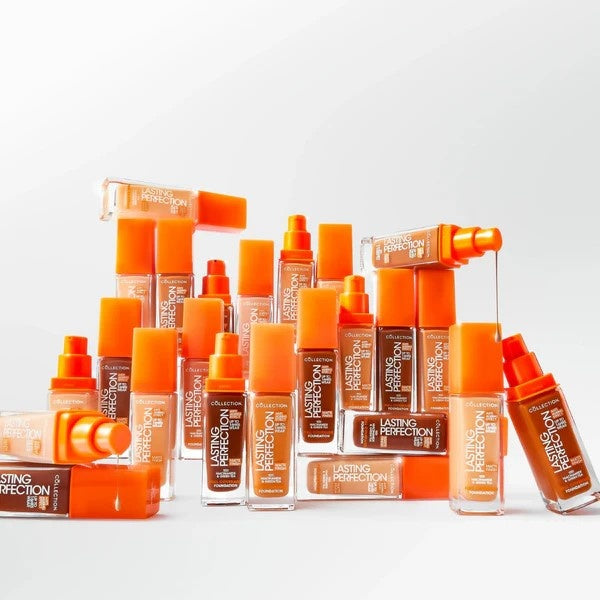 Lasting Perfection Matte Foundation - 8N Beige Neutral in oranje verpakking, diverse flacons met pompjes.