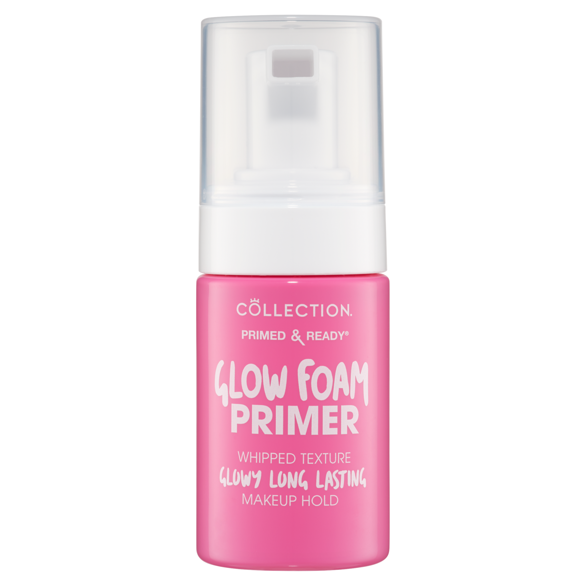 Primed and Ready Glow Foam Primer - Whipped Glow in een roze fles met pomp voor een stralende make-up basis.