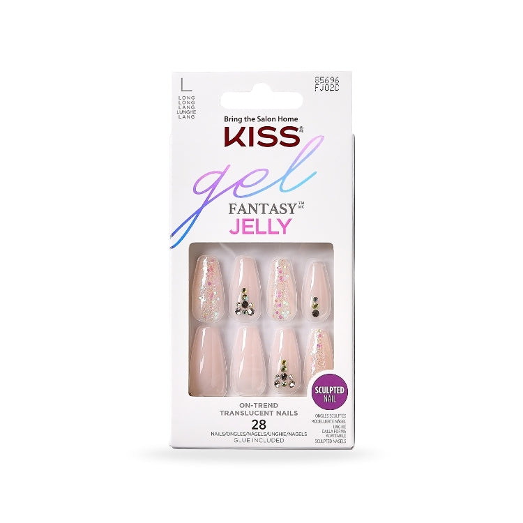 Jelly Fantasy Nails - Jelly Juice in een verpakking met 28 transparante, lichtroze nagels met glitters en decoraties.
