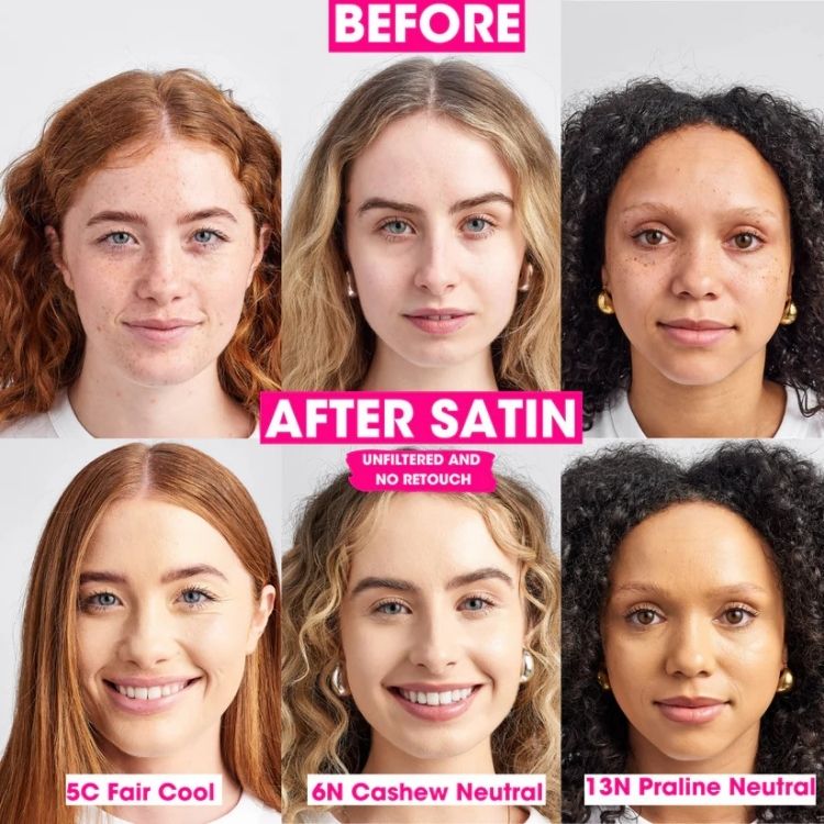 Lasting Perfection Satin Foundation in diverse tinten, zichtbaar op zes modellen met verschillende huidtypes en -kleuren.