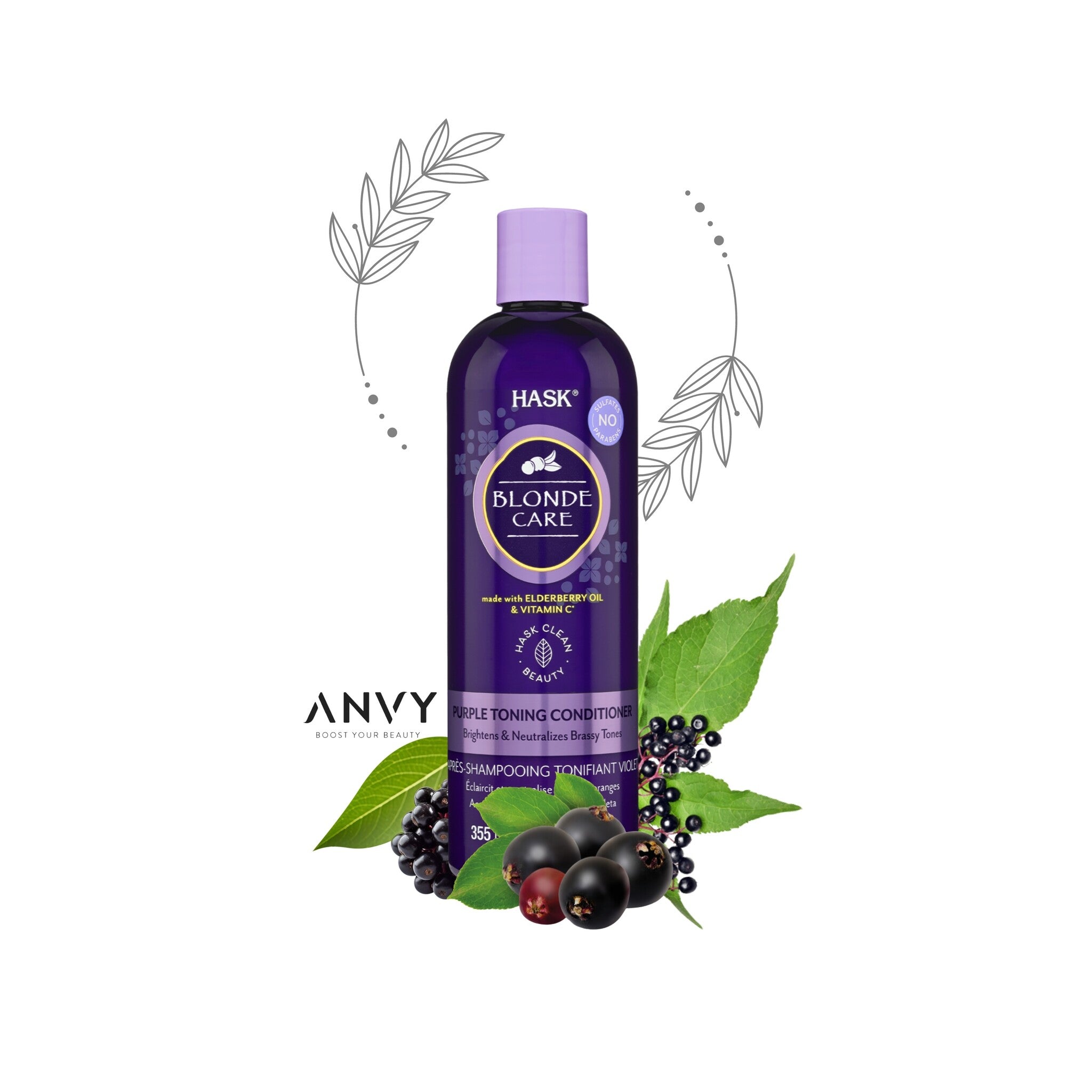 Blonde Care Purple Conditioner van Hask in een paarse fles met een handige flip-top, omringd door natuurlijke ingrediënten.