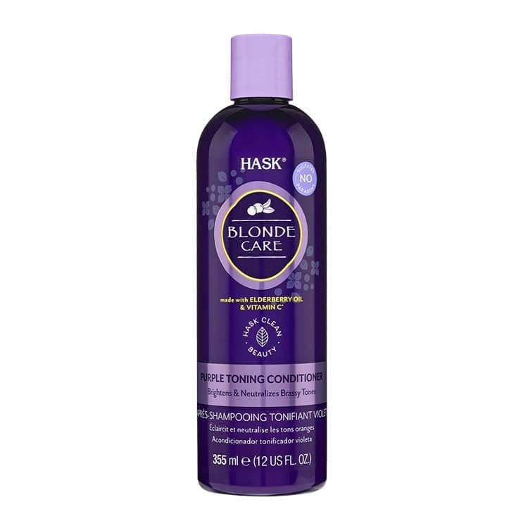 Blonde Care Purple Conditioner van Hask in een paarse fles van 355 ml, ideaal voor het neutraliseren van gele tonen.