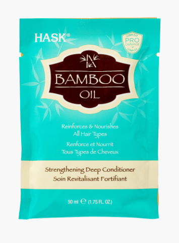 HASK Bamboo Oil Strengthening Deep Conditioner 50ml in een turquoise sachet, geschikt voor alle haartypes.