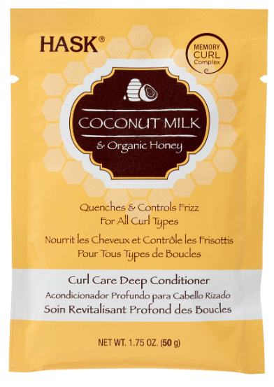 HASK coconut milk & organic honey deep conditioner 50ml in een goudkleurige verpakking, ideaal voor het verzorgen van krul...