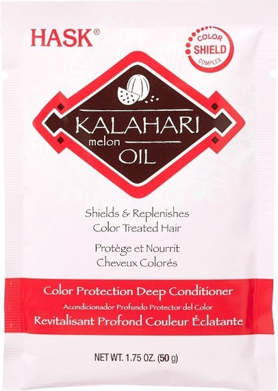 HASK Kalahari Melon Oil Color Protect Deep Conditioner Packet 50ml, wit sachet met rode en zwarte accenten voor gekleurd h...
