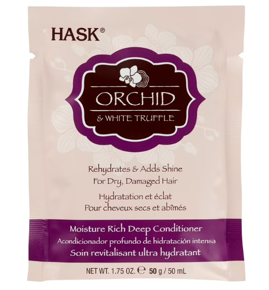 HASK Orchid & White Truffle Deep Conditioner Packet 50ml in een lichtroze verpakking, ideaal voor droge en beschadigde haren.