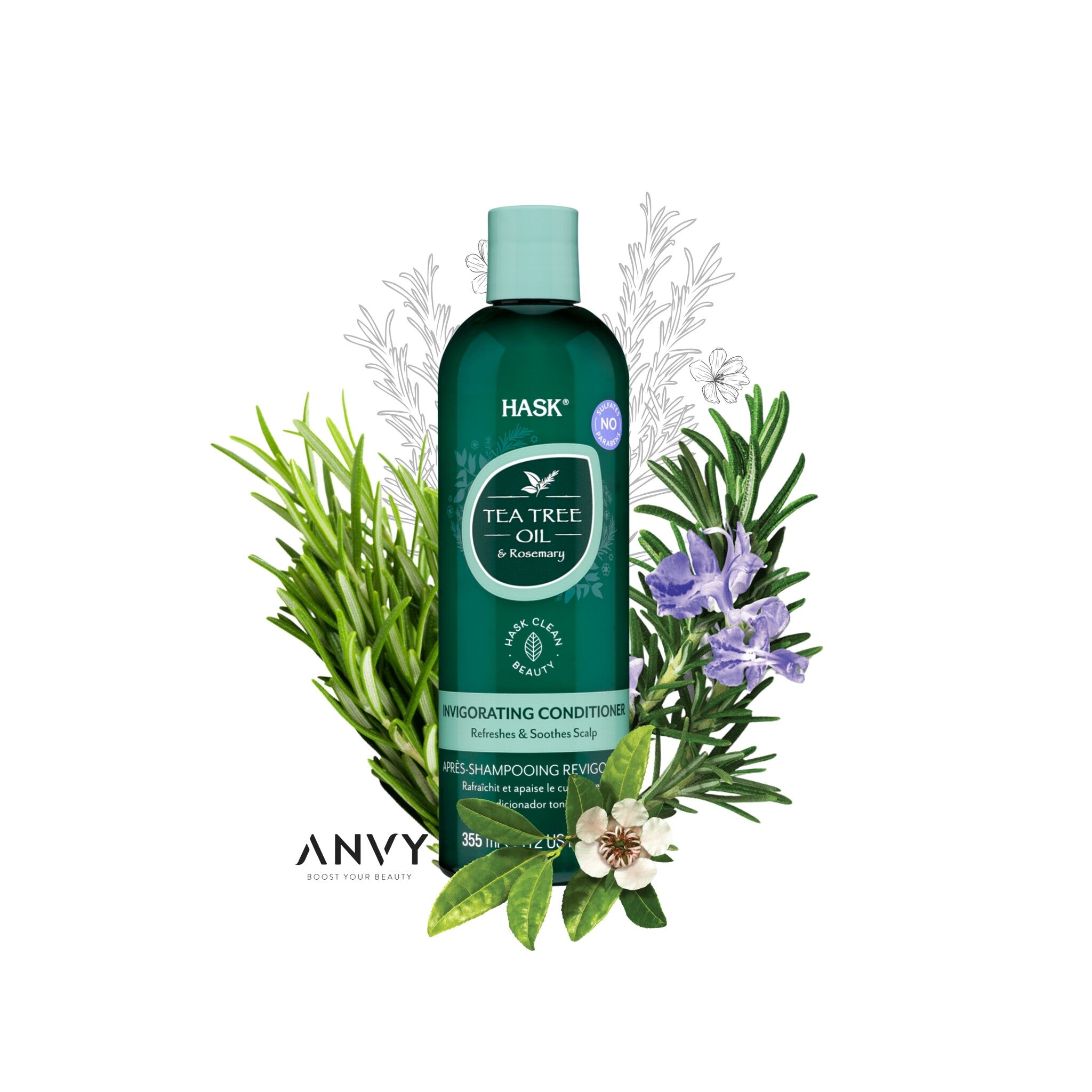 Tea Tree Oil & Rosemary Invigorating Conditioner in een groene fles met een frisse uitstraling, omringd door kruidenillust...