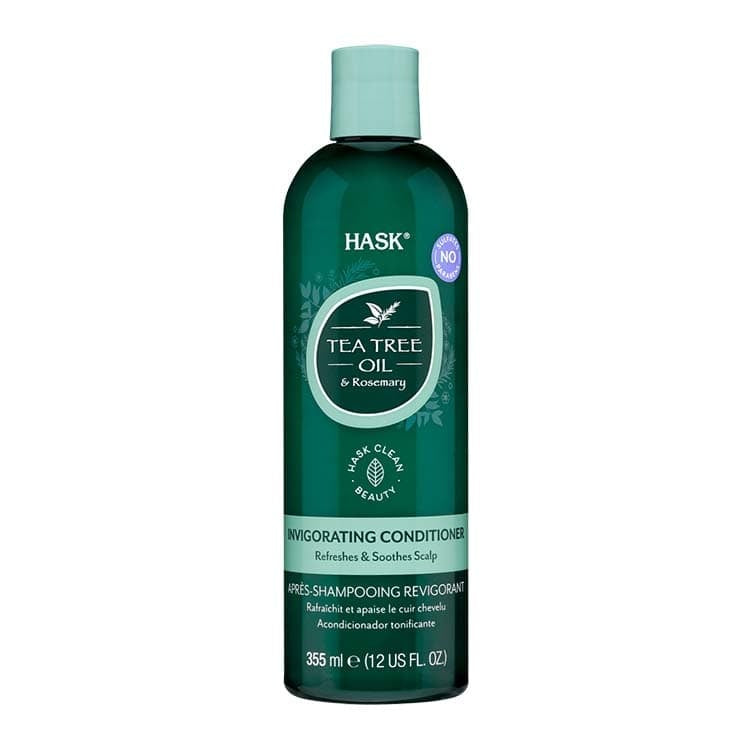 Tea Tree Oil & Rosemary Invigorating Conditioner in een groene fles van 355 ml, verfrissend voor de hoofdhuid.