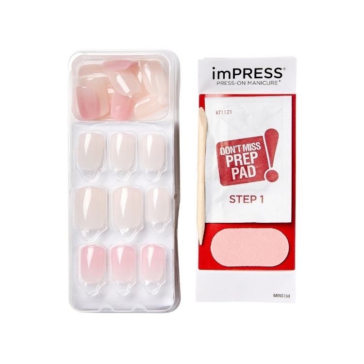 imPRESS Bare but Better - Effortless Finish, set met nude nagels in verschillende maten en bijbehorende prep pad.