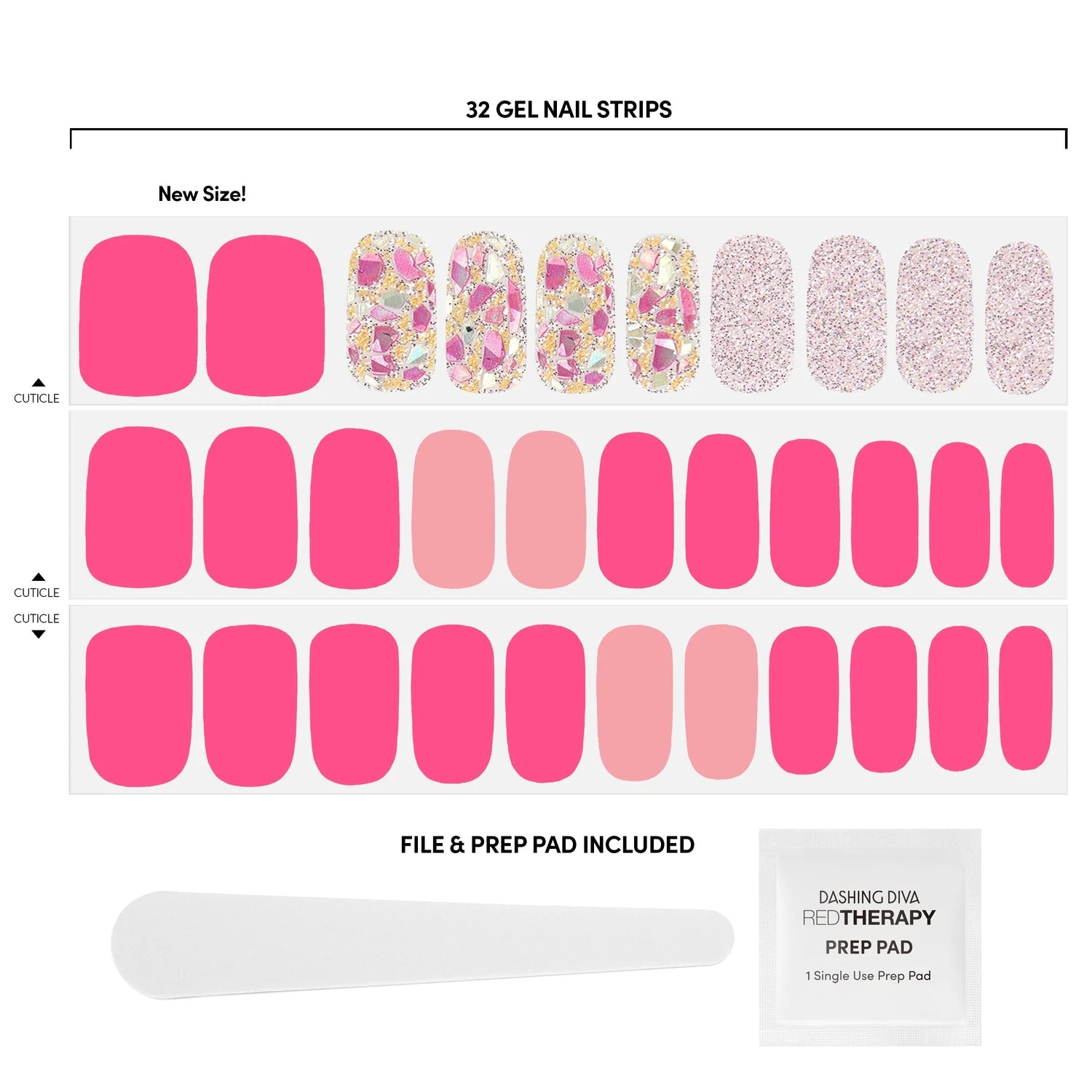 Dashing Diva - Gloss Strips - Palm Beach, 32 gelnagelstrips in verschillende roze tinten en glitters, inclusief prep pad.