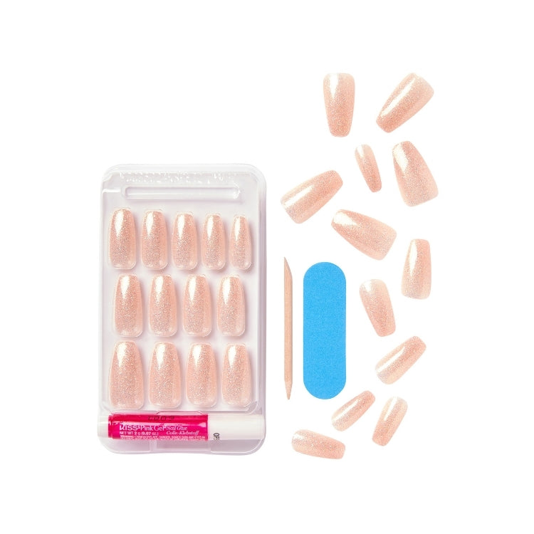 Gel Fantasy Nails - Rock Candy in een verpakking met glanzende, nude nagels en bijbehorende tools voor eenvoudige applicatie.