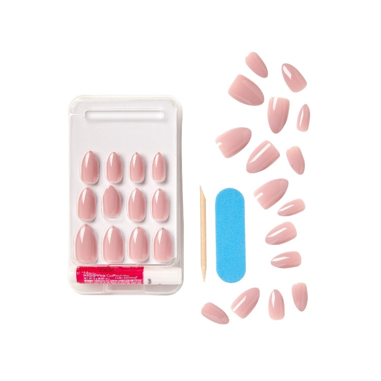 Gel Fantasy Nails - Windy City, set met nude nagels in verschillende vormen, inclusief nagelvijl en houten stokje.