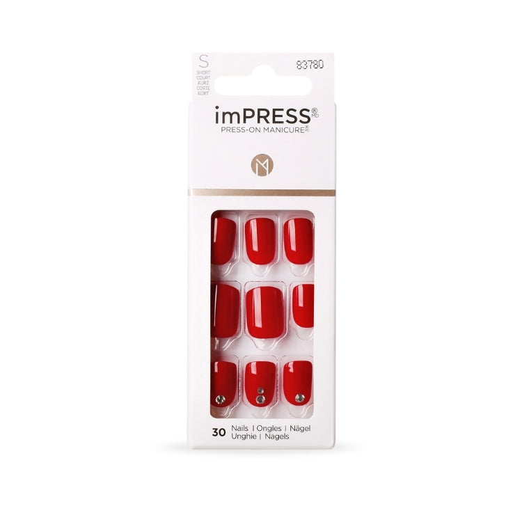 imPRESS Nails - Kill Heels, set van 30 felrode nagels in een handige verpakking met glinsterende details.