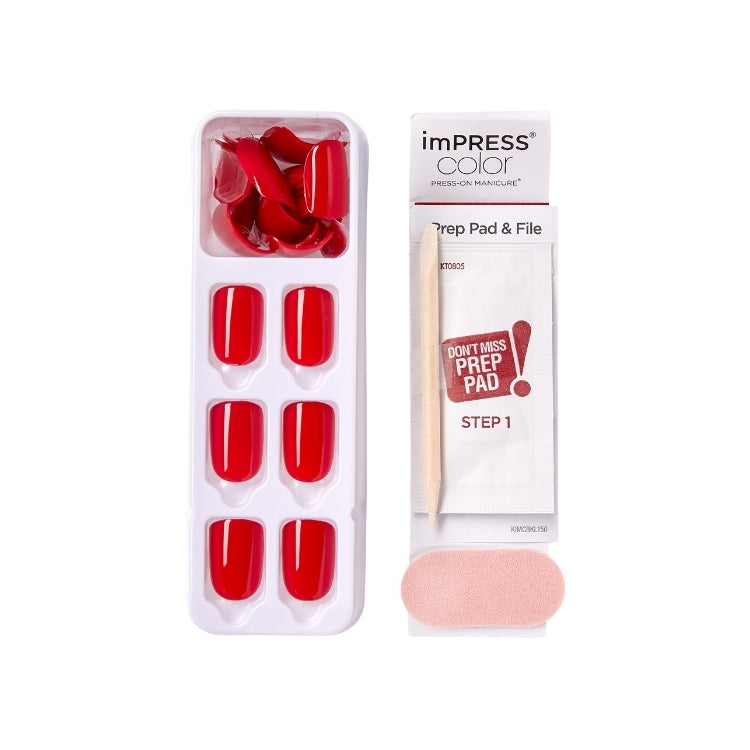 imPRESS Color - Reddy Or Not, set van rode nagels met prep pad en vijl in een handige verpakking.