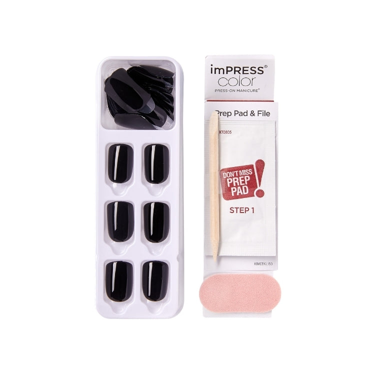 imPRESS Color - All Black, set met zwarte nagels in verschillende vormen, inclusief prep pad en vijl.