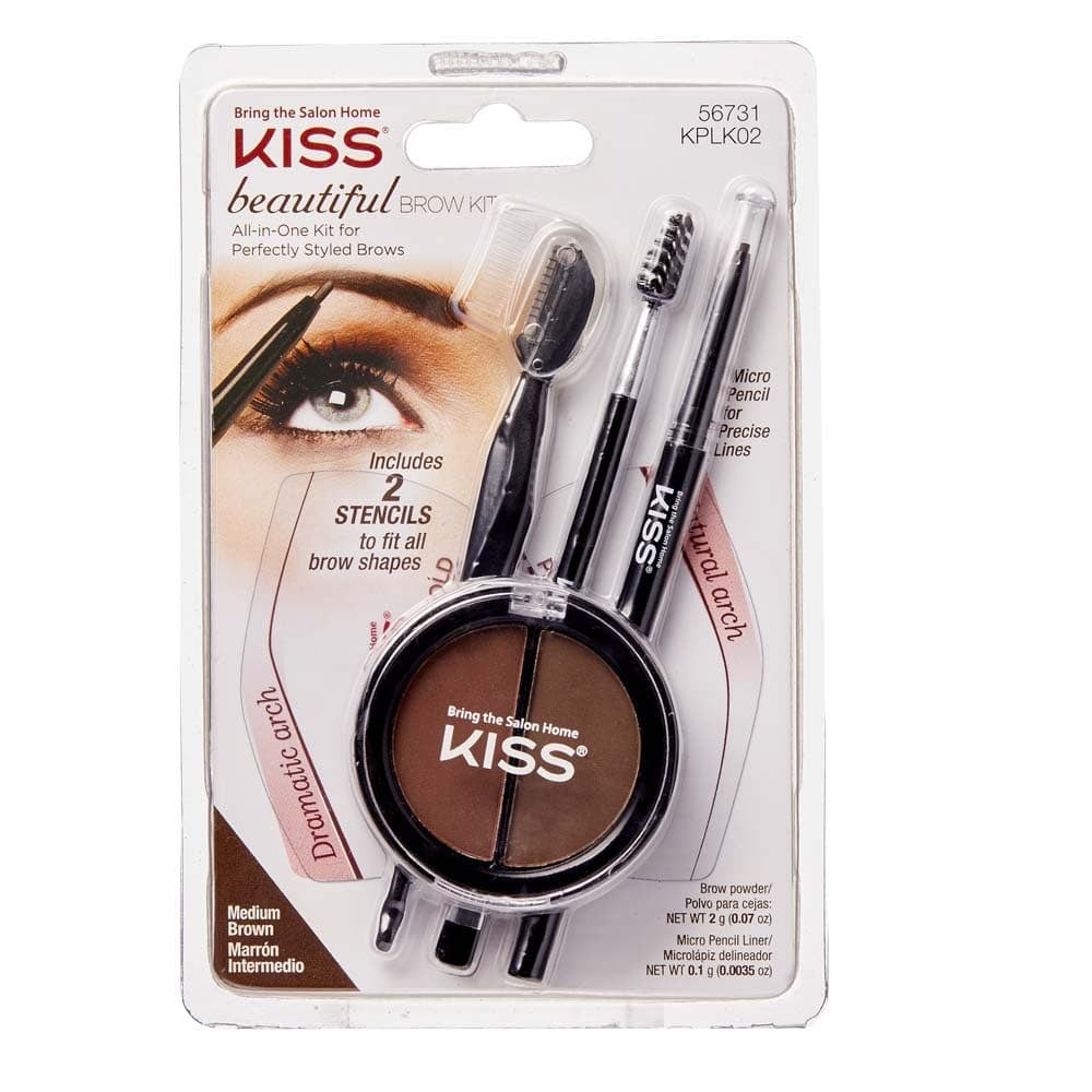 Beautiful Brow Kit van Kiss in een handige verpakking met twee sjablonen en tools voor perfect gestylede wenkbrauwen.