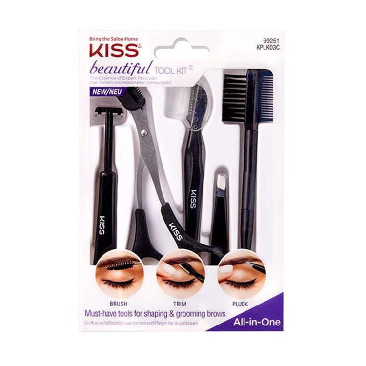 Beautiful Tool Kit van Kiss, een set zwarte tools voor het vormen en verzorgen van wenkbrauwen, verpakt in een duidelijke...