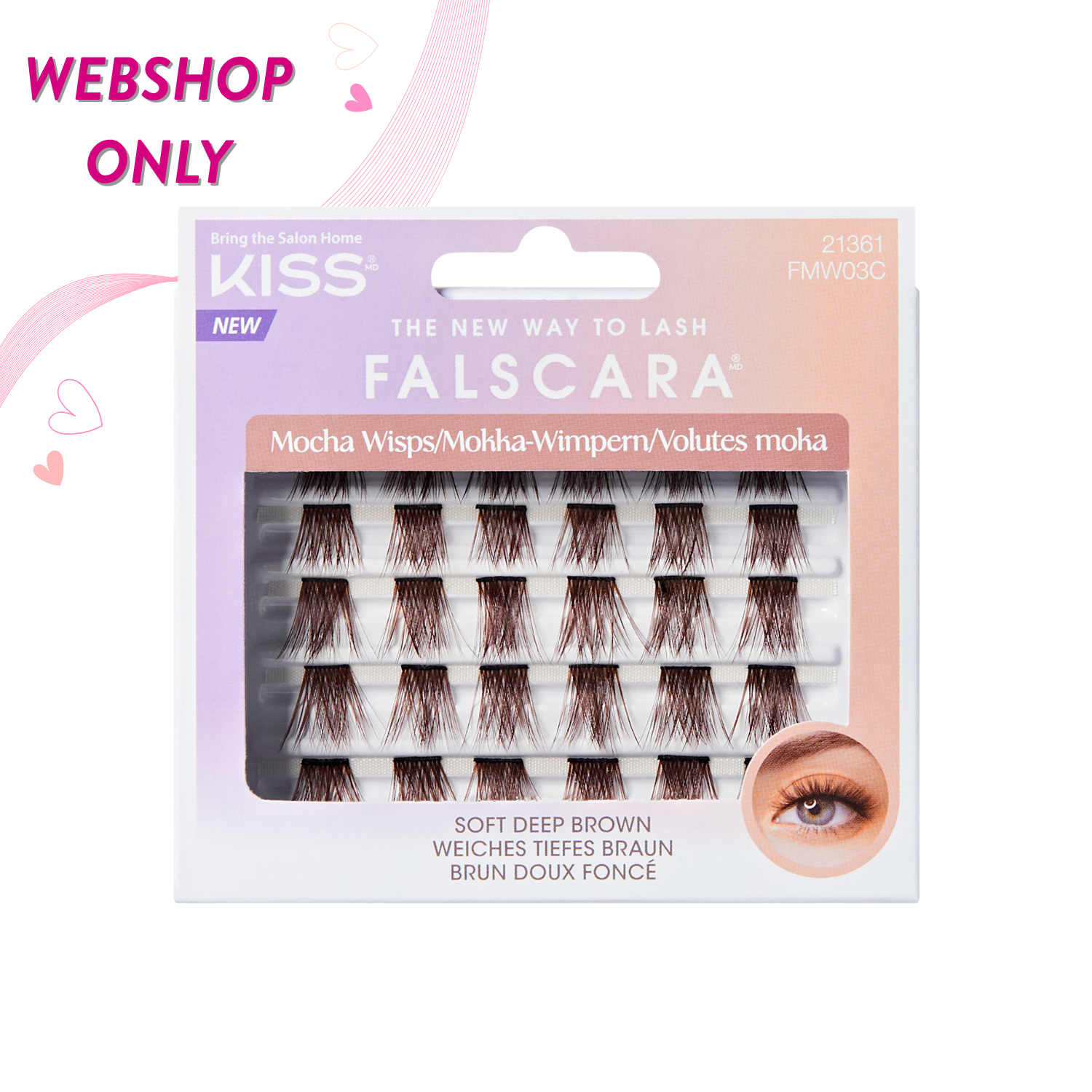 Falscara Wisps 10mm-14mm Mocha in zachte diepbruine kleur, verpakt in een handige doos voor eenvoudig gebruik.