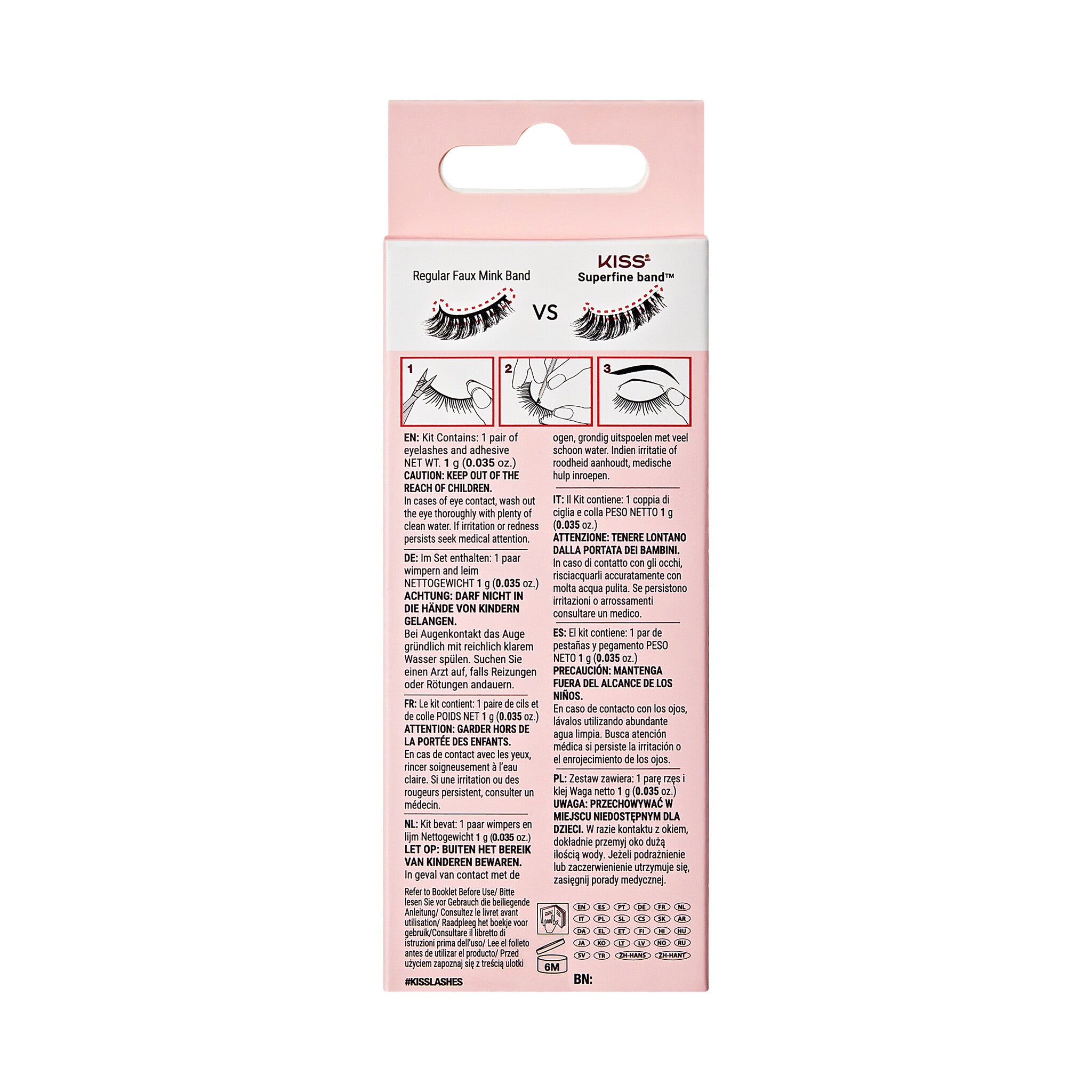 Kiss Bare Collection - KAR01C, een roze verpakking met instructies voor het aanbrengen van wimpers.