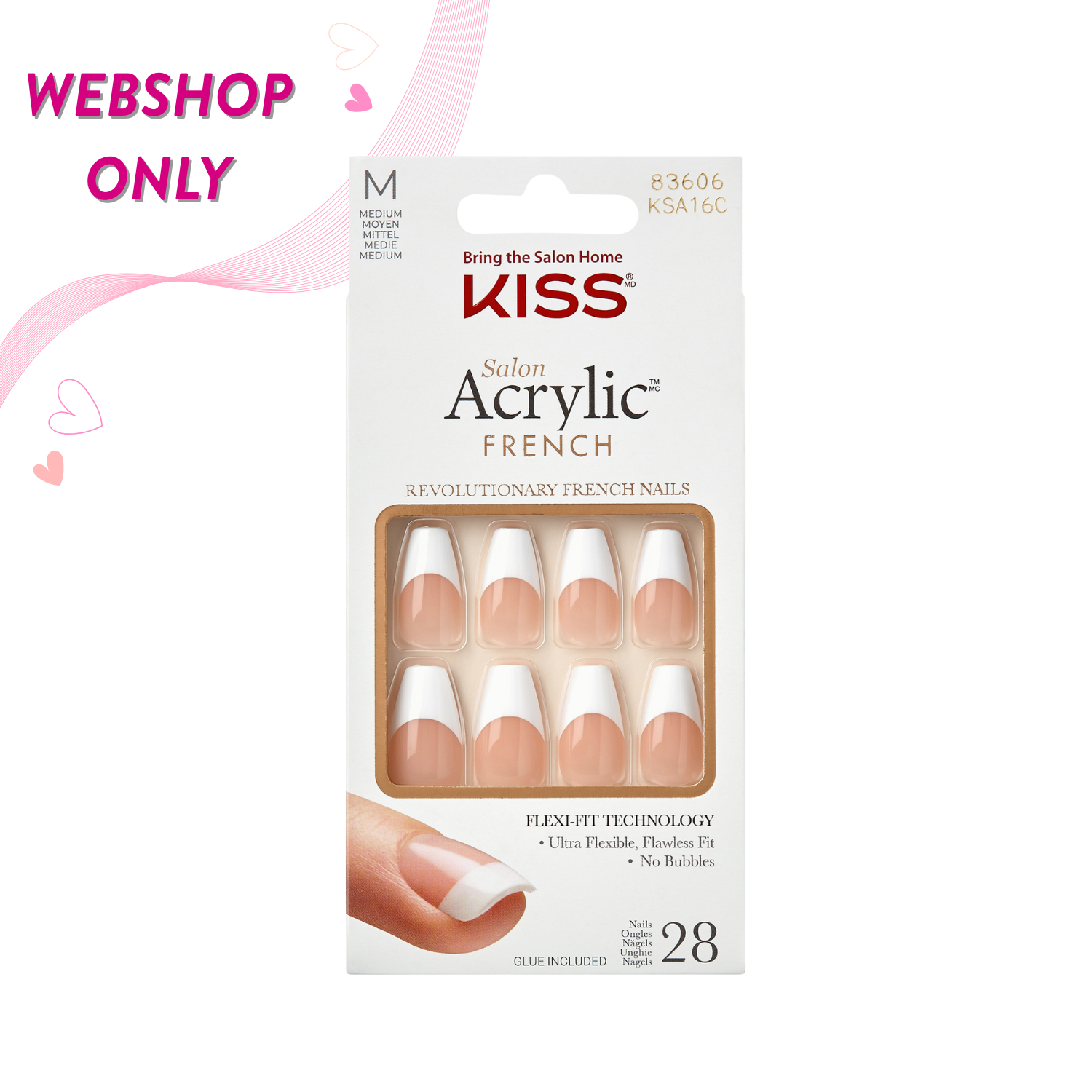 Salon Acrylic French-Je T'Aime van Kiss, set van 28 nude en witte nagels in een handige verpakking.