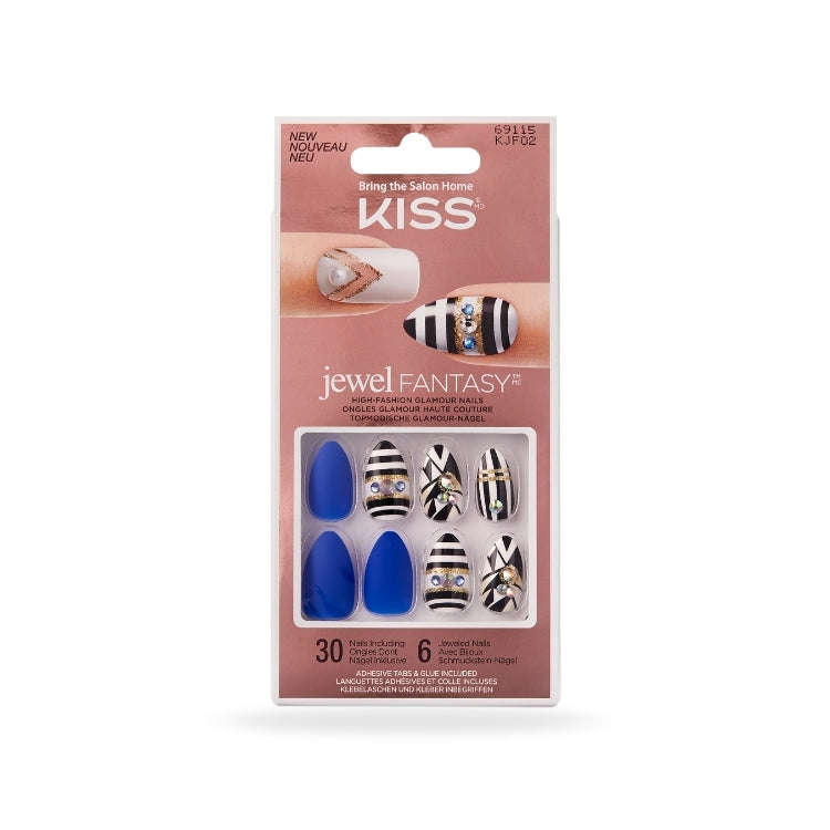 Jewel Fantasy Nails - Your Grace, met blauwe en gestreepte nagels in een stijlvolle verpakking. Perfect voor een glamoureu...