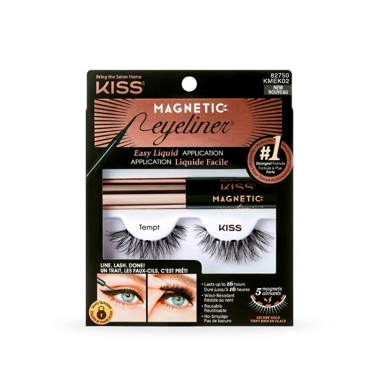 Magnetic Eyeliner & Lash Kit - Tempt van Kiss, met zwarte eyeliner en volumineuze wimpers in een aantrekkelijke verpakking.