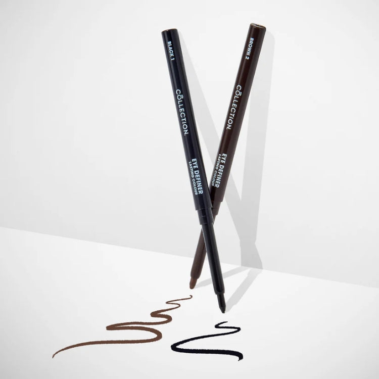 Eye Definer van Collection, twee oogpotloden in zwart en bruin met een slanke verpakking en een soepele applicatie.