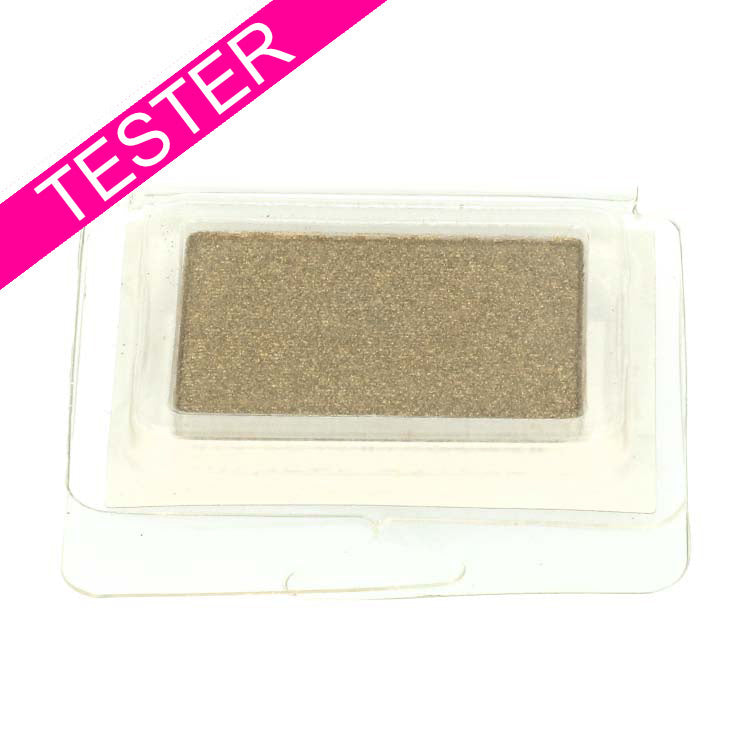 Eyeshadow Monos - Queen Complex Tester, een rechthoekige verpakking met een glanzende, gouden oogschaduw.