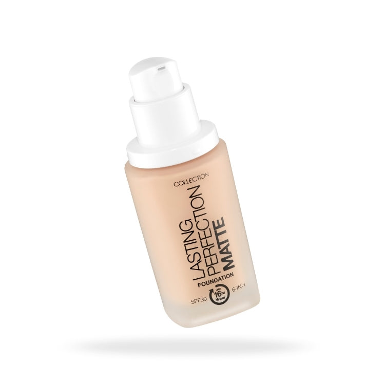 Lasting Perfection Matte Foundation in een lichte, vloeibare formule met pompverpakking voor een matte finish.