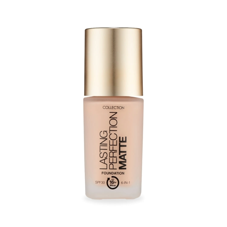 Lasting Perfection Matte Foundation in een elegante glazen fles met gouden dop, ideaal voor een matte finish.