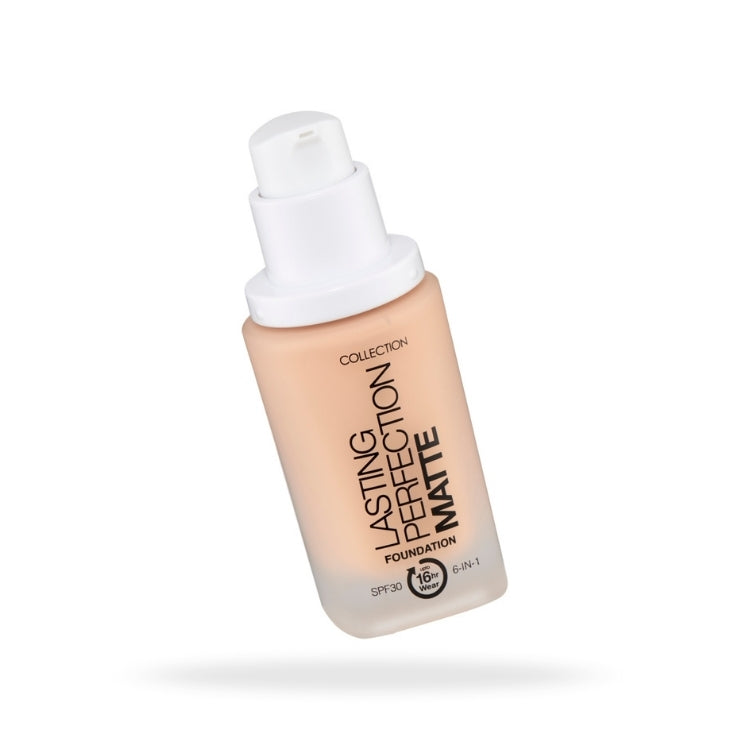 Lasting Perfection Matte Foundation in een lichte, vloeibare formule met pompverpakking voor een matte finish.