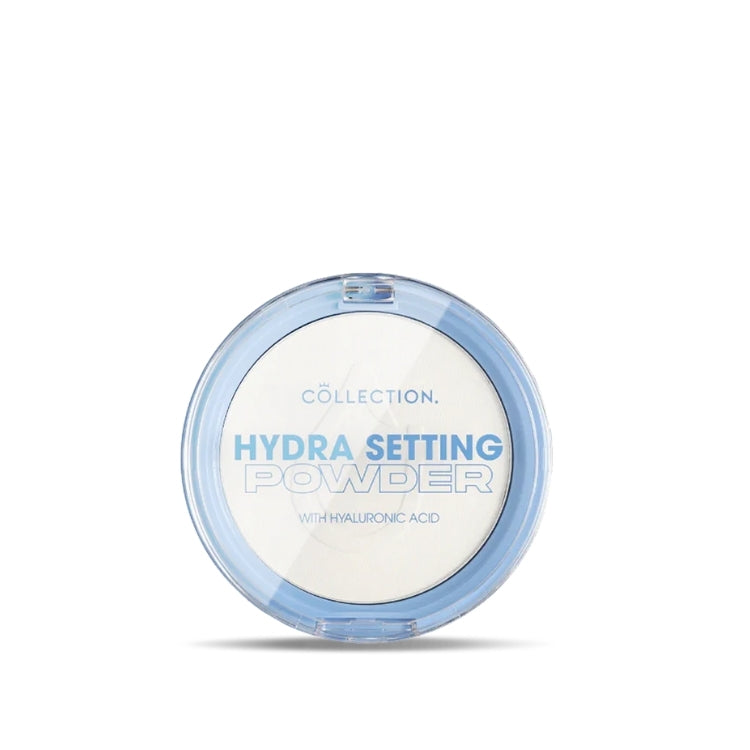 Hydra Setting Powder - Transparant in een ronde, blauwe verpakking met hyaluronzuur voor een matte finish.