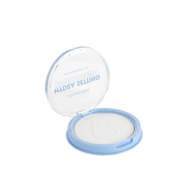 Hydra Setting Powder - Transparant in een ronde, lichtblauwe verpakking met een doorzichtige deksel.