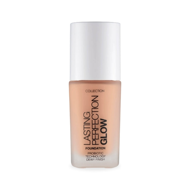 Lasting Perfection Glow Foundation in een lichte, transparante fles met een witte dop voor een stralende finish.