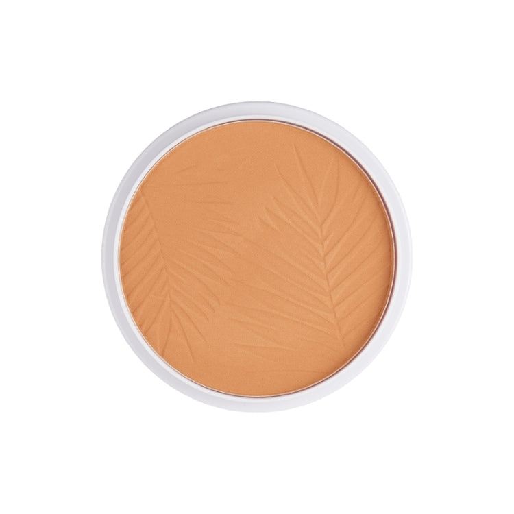 Bronze Glow Matte Powder in een ronde verpakking met een warme, matte oranje tint en een bladerenpatroon.