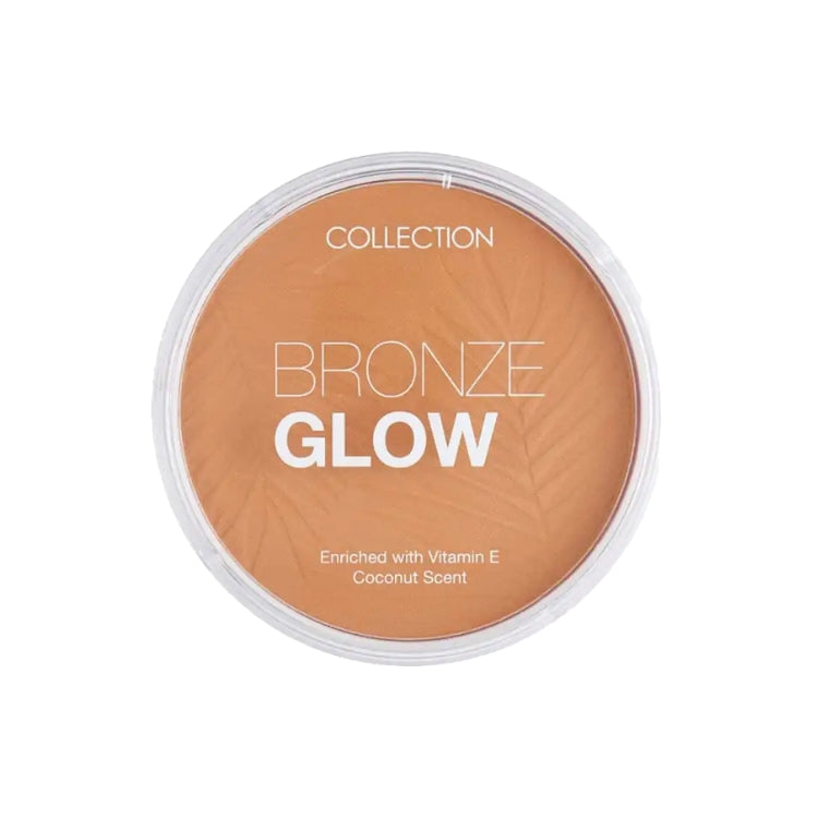 Bronze Glow Matte Powder in een ronde, doorzichtige verpakking met een warme, bronzen kleur en kokosgeur.