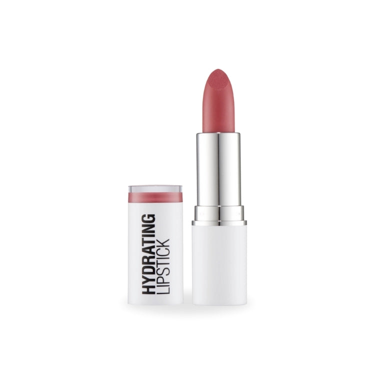 Hydrating Lipstick in een zachte rozenkleur, verpakt in een witte huls met zilveren details.