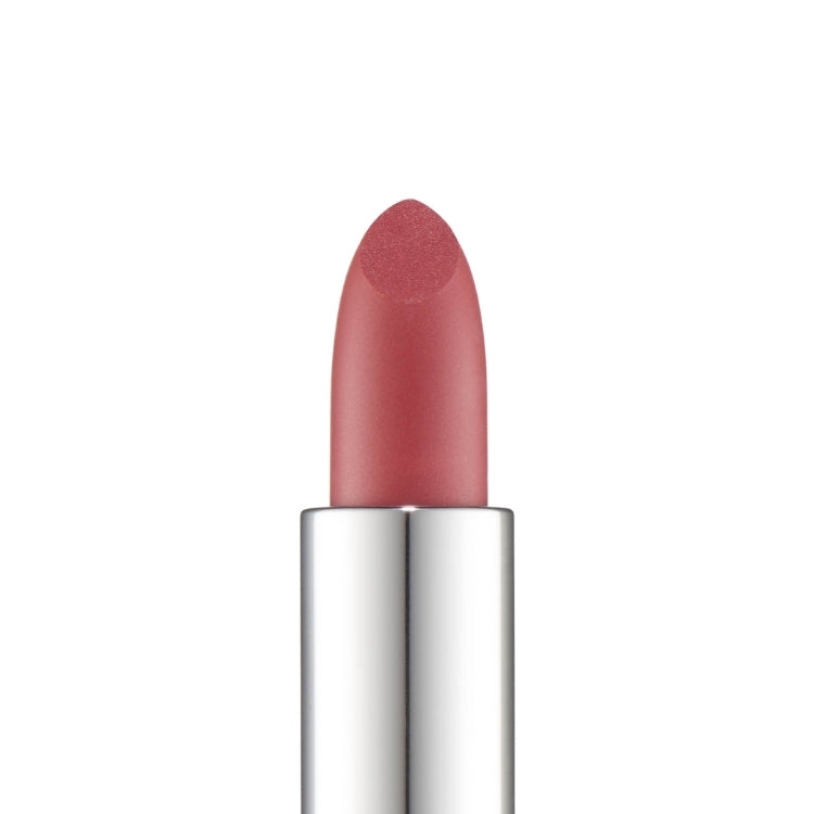 Hydrating Lipstick in een zachte rozenkleur met een gladde, afgeronde punt en een moderne zilveren verpakking.