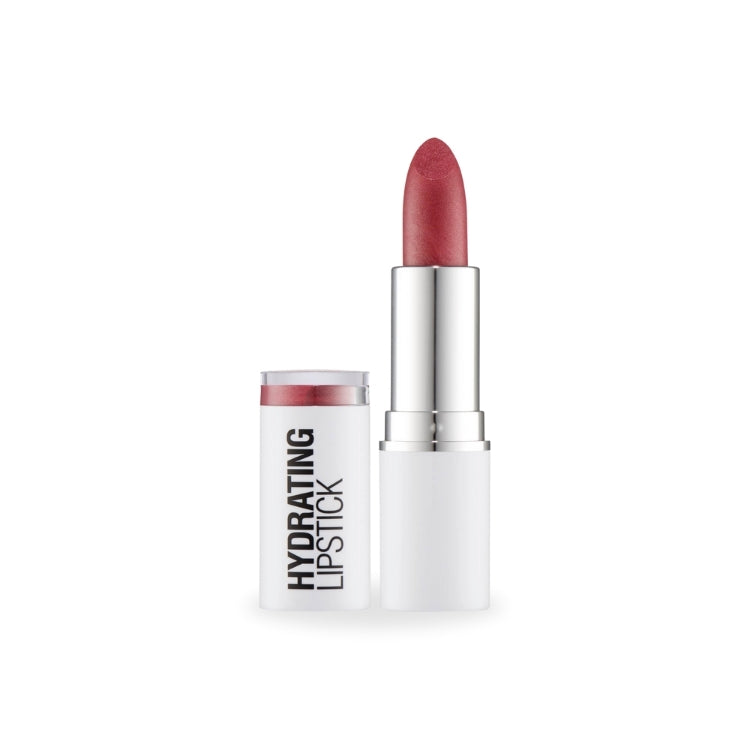 Hydrating Lipstick in een zachte rozenkleur, verpakt in een moderne witte huls met zilveren details.