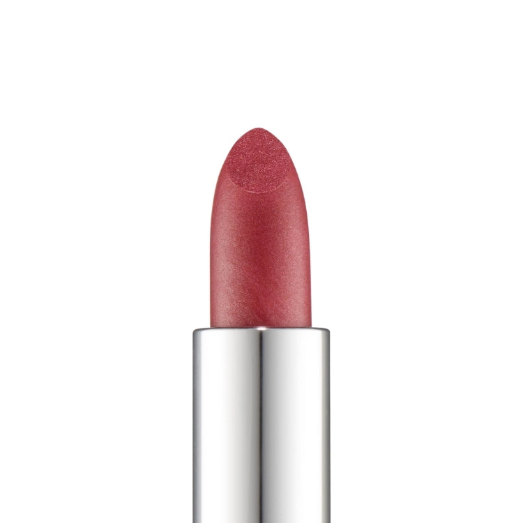 Hydrating Lipstick in een warme rozenkleur met een glanzende afwerking en een moderne, zilveren verpakking.
