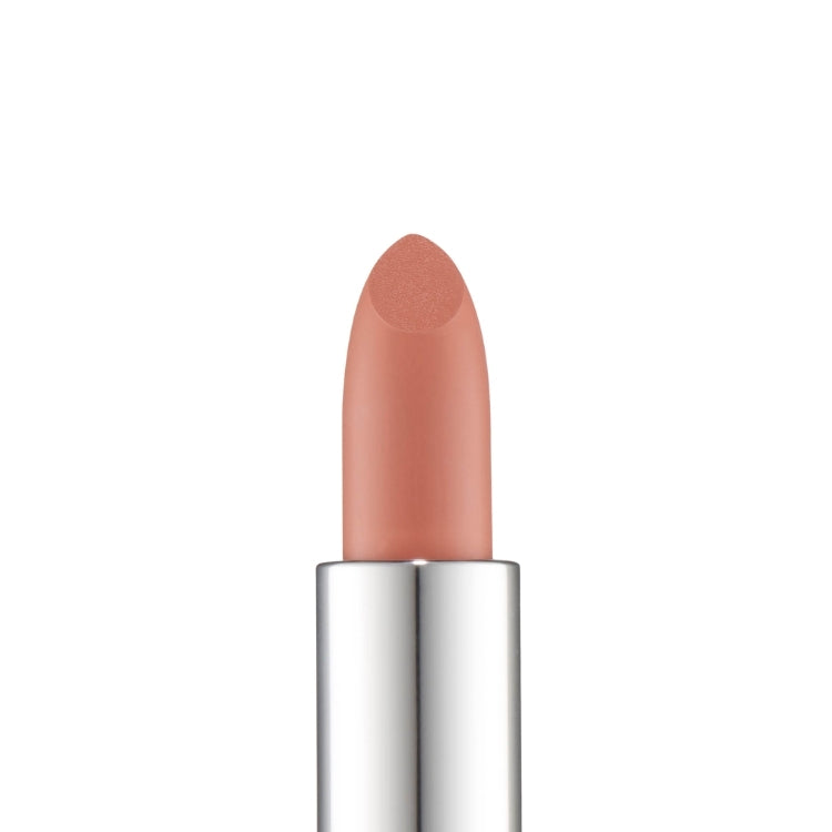 Hydrating Lipstick in een zachte nude tint, met een gladde, afgeronde punt en een stijlvolle zilveren verpakking.