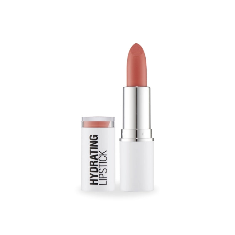 Hydrating Lipstick in een zachte nude tint, verpakt in een strakke witte huls met zilveren details.