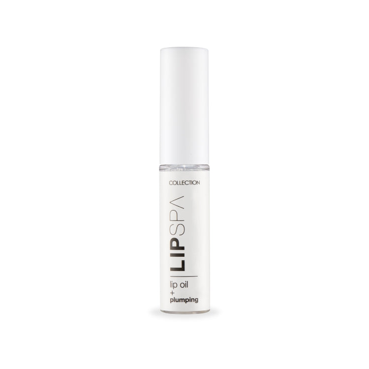 Lip Spa Lip Oil in een slanke, transparante verpakking met witte dop voor een glanzende lipverzorging.