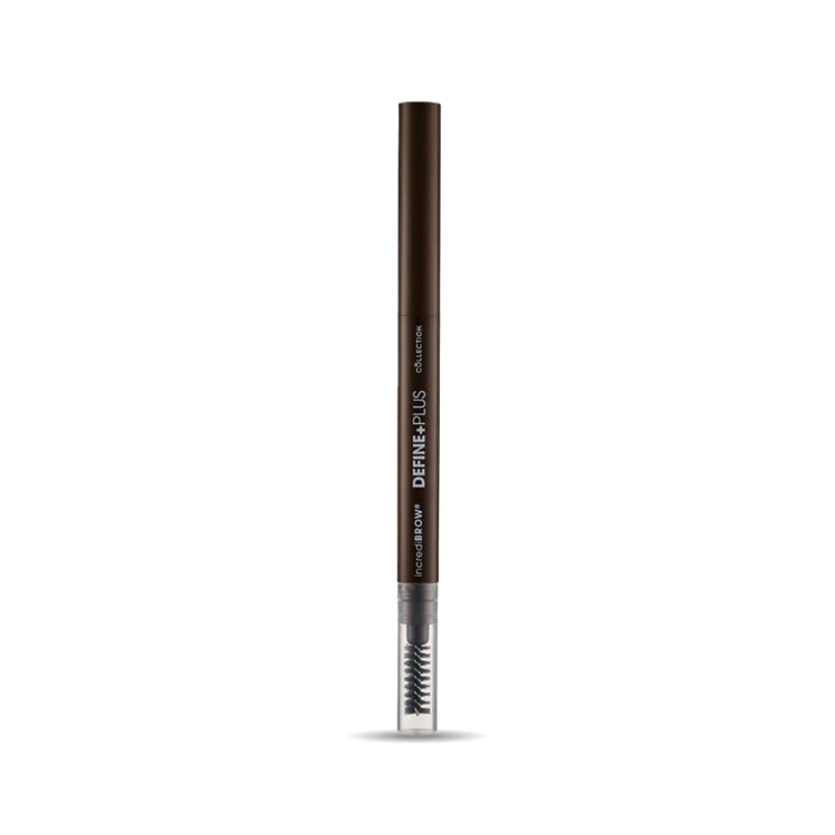 Wenkbrauwpotlood incrediBROW Define Plus – 2-in-1 & spoolie in een slanke bruine verpakking met een borsteltje.