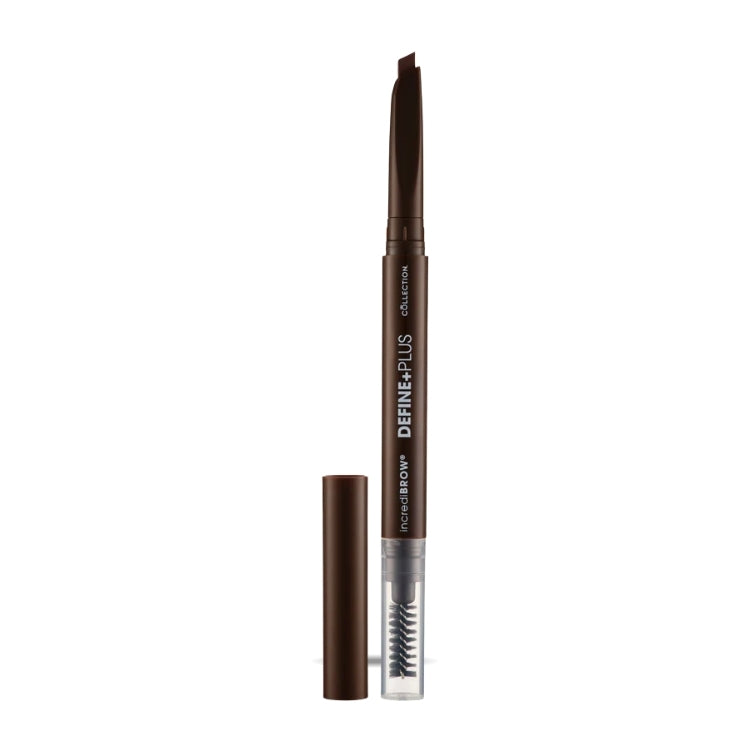 Wenkbrauwpotlood incrediBROW Define Plus – 2-in-1 met spoolie, in een slanke, bruine verpakking.