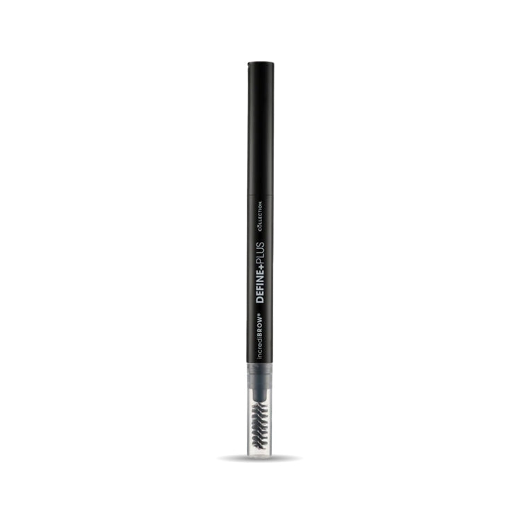Wenkbrauwpotlood incrediBROW Define Plus – 2-in-1 & spoolie in zwarte verpakking met een handige spoolie aan de andere kant.
