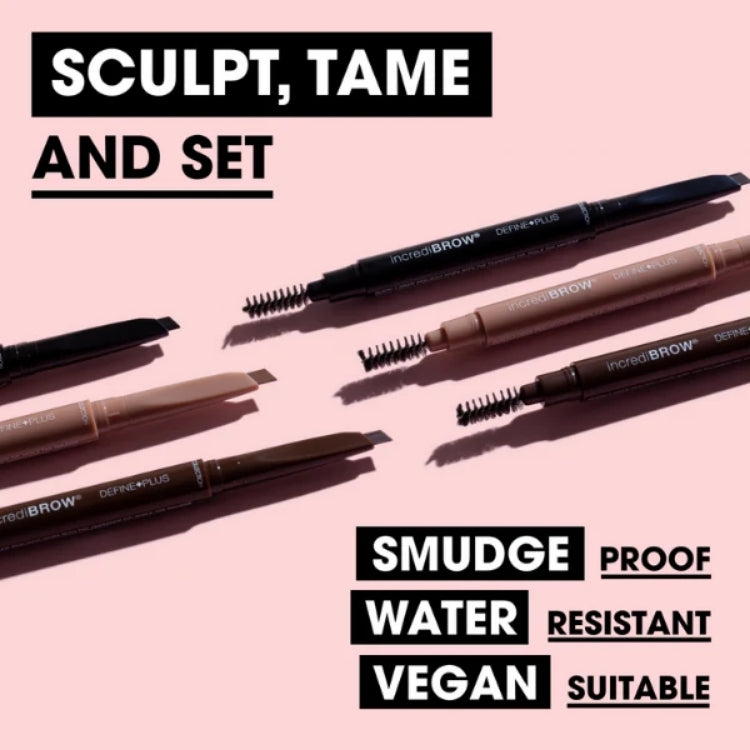 Wenkbrauwpotlood incrediBROW Define Plus in verschillende kleuren met spoolie, smudge proof en water resistant.
