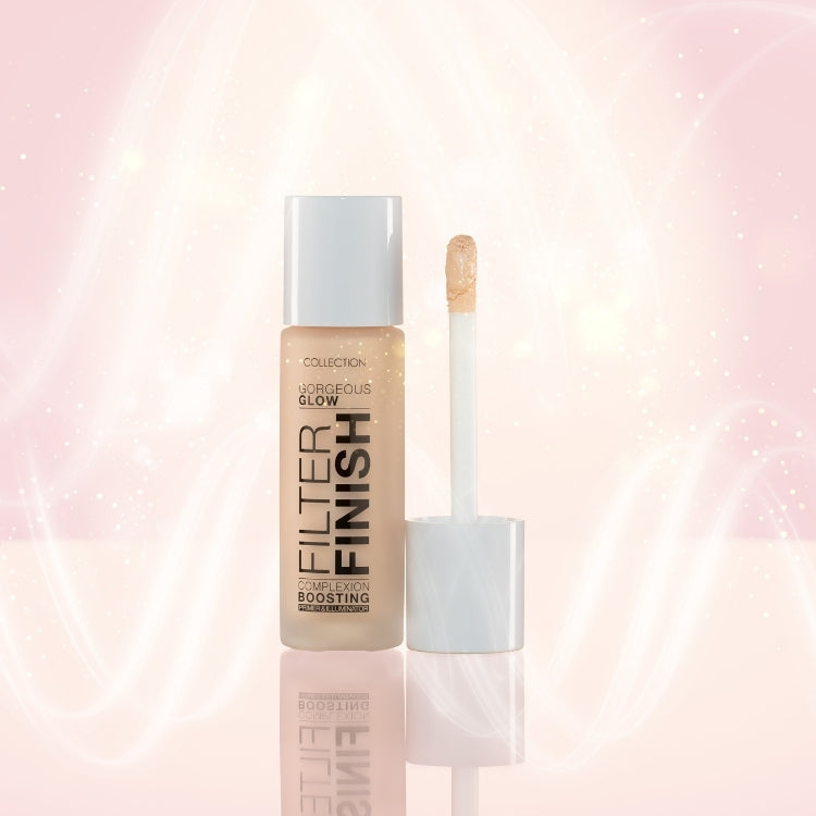 Gorgeous Glow Filter Finish in een transparante verpakking met een applicator, biedt een stralende glans voor de huid.