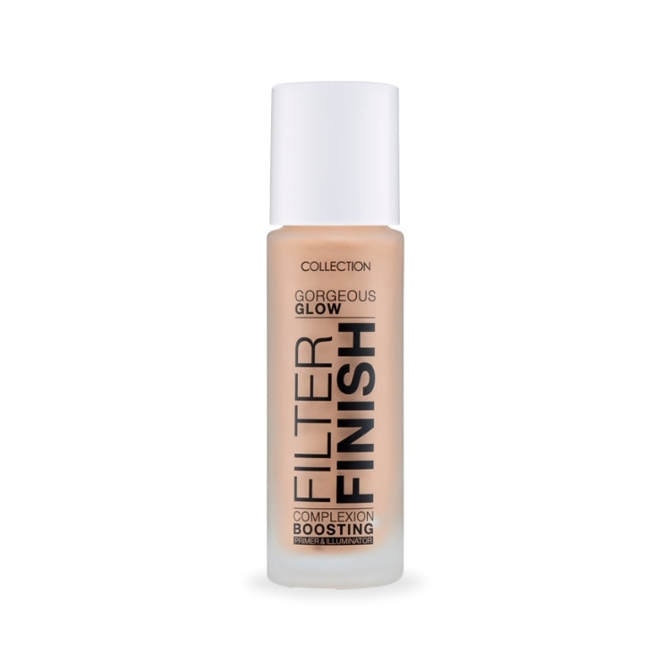 Gorgeous Glow Filter Finish in een slanke, transparante fles met een witte dop, ideaal voor een stralende teint.