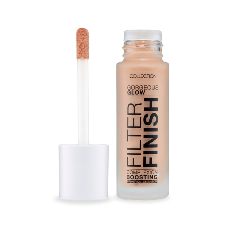 Gorgeous Glow Filter Finish in een glazen fles met een applicator, lichtbruin van kleur voor een stralende teint.
